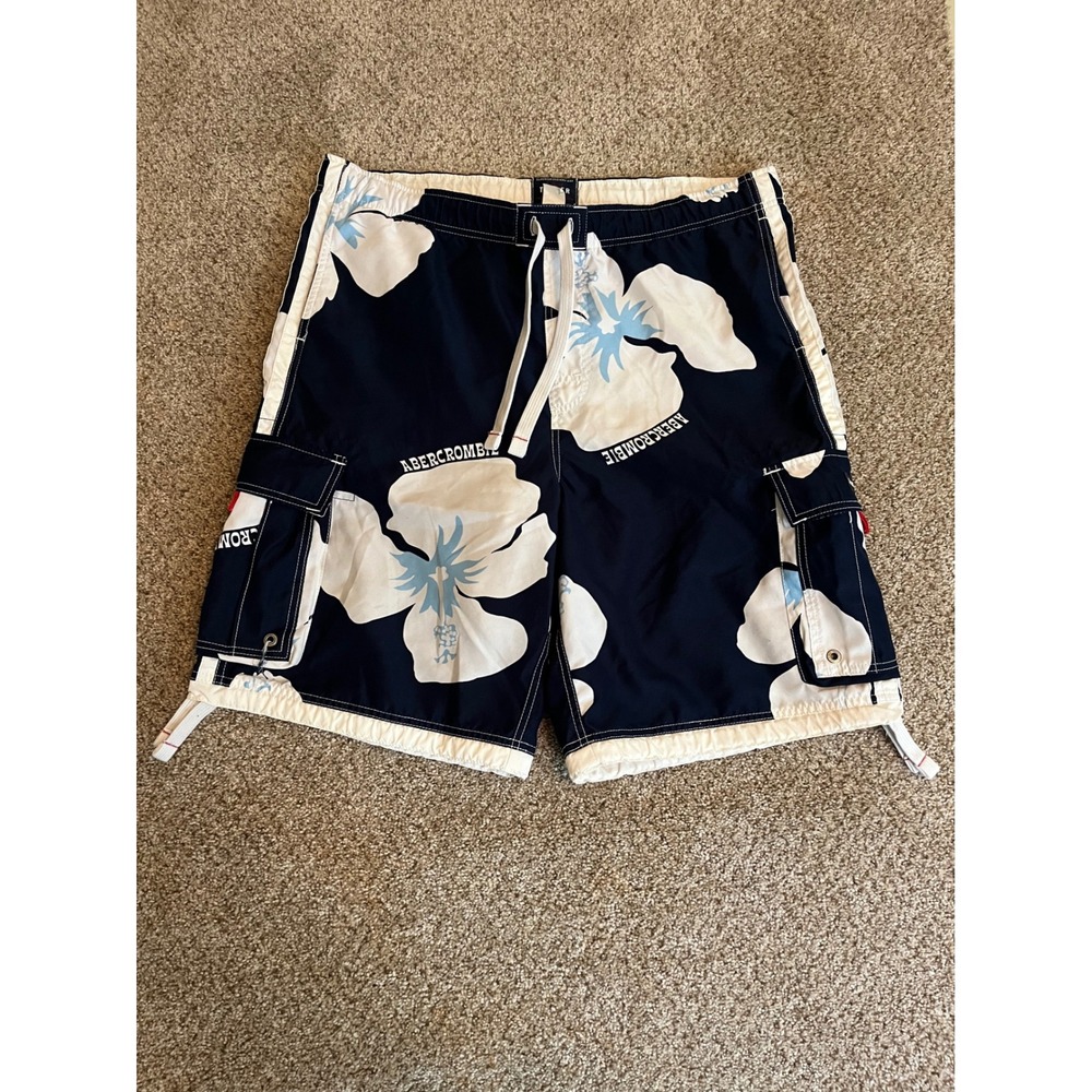 Y2K Abercrombie Men Swim Trunks XL Navy Blue Hibiscus Floral Cargo Tugger Shorts